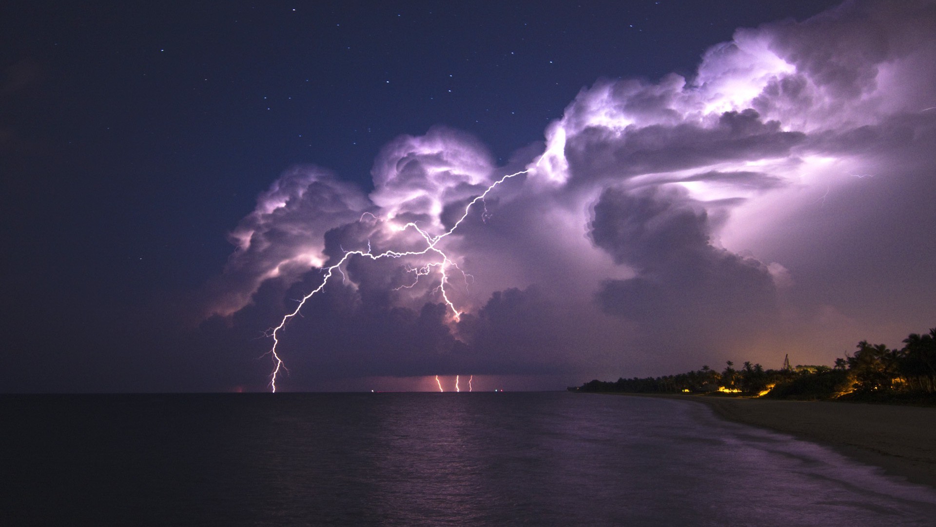 nature, Landscape, Clouds, Lightning, Storm, Horizon, Sea, Evening, Palm Trees, Beach, Sand, Tropical, Stars, Coast, Lights Wallpaper