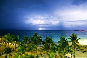 nature, Landscape, Clouds, Lightning, Storm, Horizon, Bahamas, Tropical, Palm Trees, Sea, Beach, Windy, Sand, Long Exposure, Deck Chairs