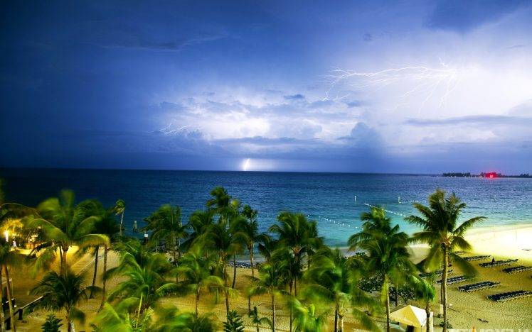 nature, Landscape, Clouds, Lightning, Storm, Horizon, Bahamas, Tropical, Palm Trees, Sea, Beach, Windy, Sand, Long Exposure, Deck Chairs HD Wallpaper Desktop Background