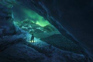 men, Canada, Cave, Ice, Nature, Athabasca, Winter, Night, Blue, Green, Landscape