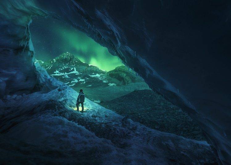 men, Canada, Cave, Ice, Nature, Athabasca, Winter, Night, Blue, Green, Landscape HD Wallpaper Desktop Background