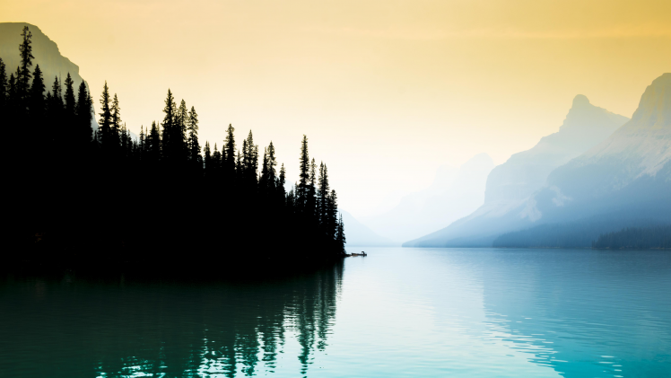 lake, Landscape, Mist, Mountains, Pine Trees, Boat, Alberta, Lake Maligne HD Wallpaper Desktop Background