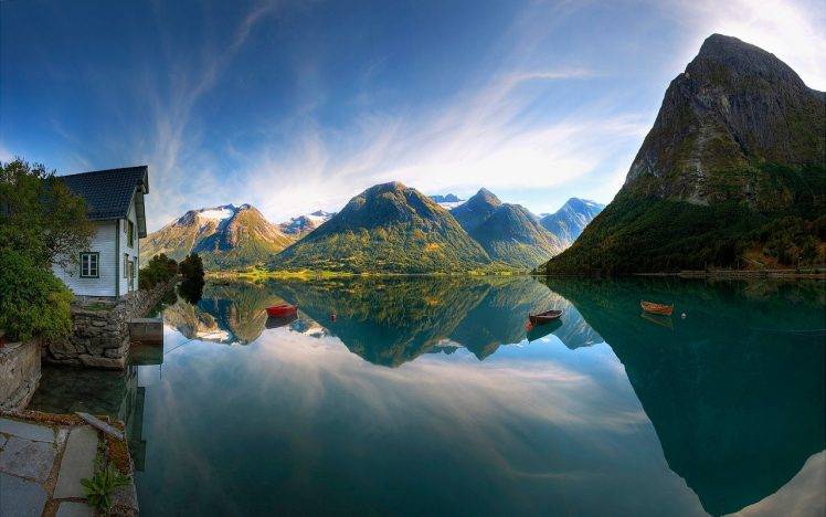 landscape, Photography, Mountains, House, Lake, Sky, Reflection HD Wallpaper Desktop Background