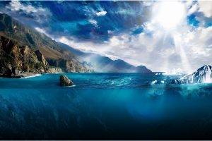 sea, Landscape, Iceberg, Underwater, Sunlight, Digital Art, Artwork, Nature