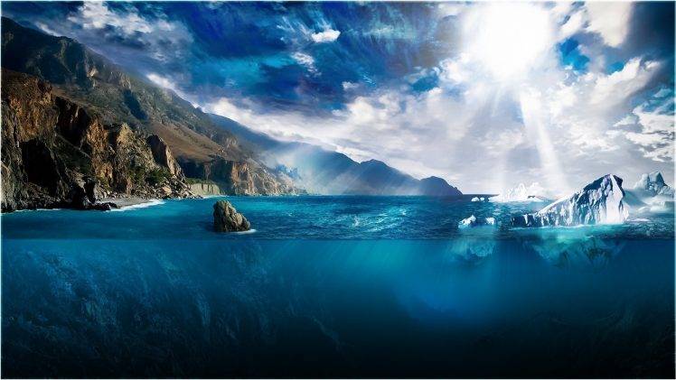 sea, Landscape, Iceberg, Underwater, Sunlight, Digital Art, Artwork, Nature HD Wallpaper Desktop Background