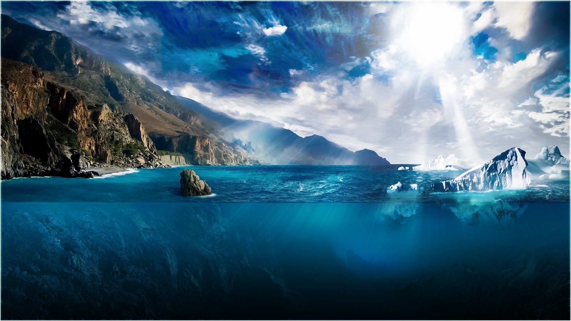sea, Landscape, Iceberg, Underwater, Sunlight, Digital Art, Artwork, Nature Wallpaper