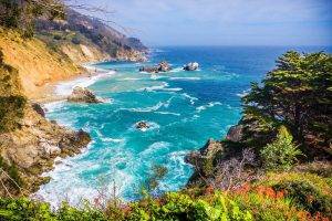 nature, Photography, Landscape, Sunlight, Coast, Beach, Trees, Shrubs, Wildflowers, Sea, Rocks, Cliff, Hills, California