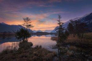 nature, Photography, Landscape, Lake, Sunset, Mountains, Trees, Snow, Reflection, Dry Grass, Calm, Germany