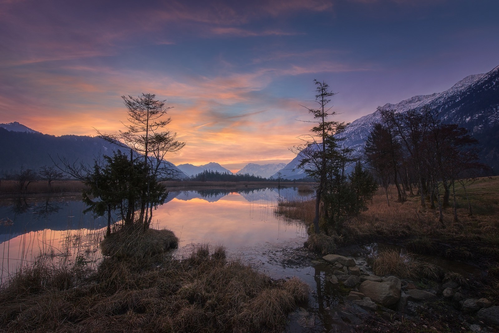 nature, Photography, Landscape, Lake, Sunset, Mountains, Trees, Snow, Reflection, Dry Grass, Calm, Germany Wallpaper
