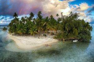 nature, Photography, Landscape, Island, Rainbows, Palm Trees, Beach, Sand, Tropical, Boat, Sea, Clouds, Summer, French Polynesia