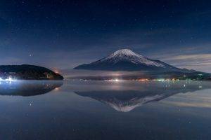 nature, Photography, Landscape, Starry Night, Volcano, Snowy Peak, Lights, Reflection, Lake, Mist, Mount Fuji, Japan