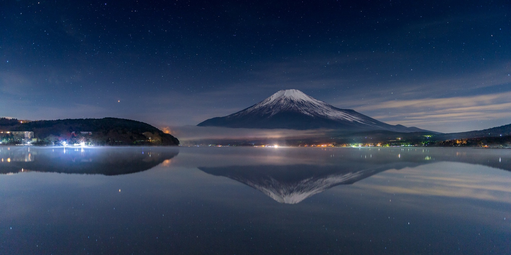 nature, Photography, Landscape, Starry Night, Volcano, Snowy Peak, Lights, Reflection, Lake, Mist, Mount Fuji, Japan Wallpaper