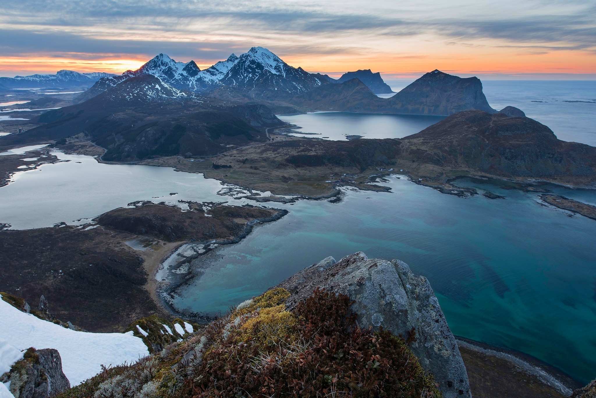 nature, Photography, Landscape, Mountains, Sea, Beach, Morning, Sunlight, Snow, Spring, Lofoten Islands, Norway Wallpaper