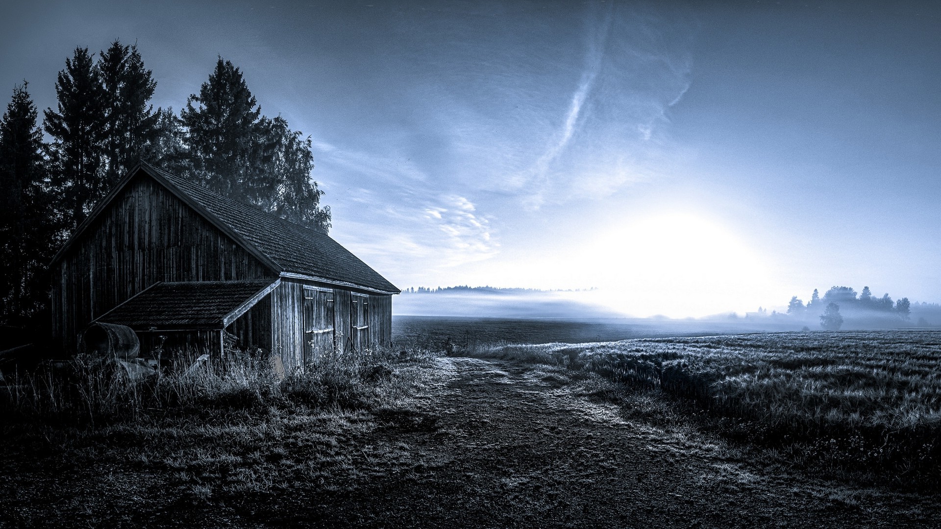 nature, Photography, Landscape, Morning, Frost, Hut, Mist, Field, Grass, Trees, Sunlight Wallpaper