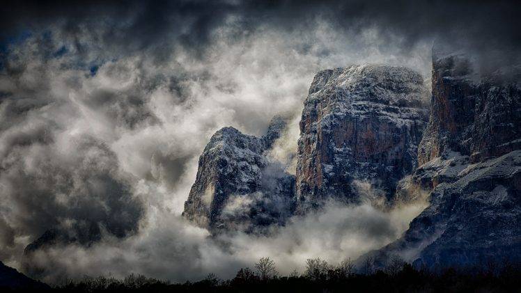 nature, Photography, Landscape, Mountains, Clouds, Mist, Snow, Cliff, Greece HD Wallpaper Desktop Background