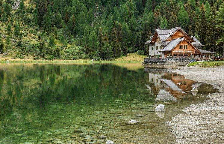 nature, Photography, Landscape, Cabin, Lake, Forest, Hills, Pine Trees, Italy HD Wallpaper Desktop Background