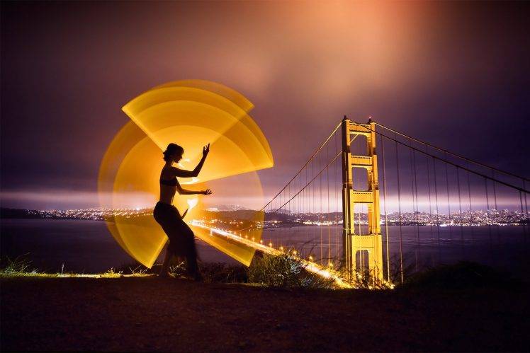 women, Long Exposure, Lights, Light Painting, Night, Nature, Landscape, Golden Gate Bridge, Bridge, San Francisco, USA, Sea, Cityscape, Yellow HD Wallpaper Desktop Background