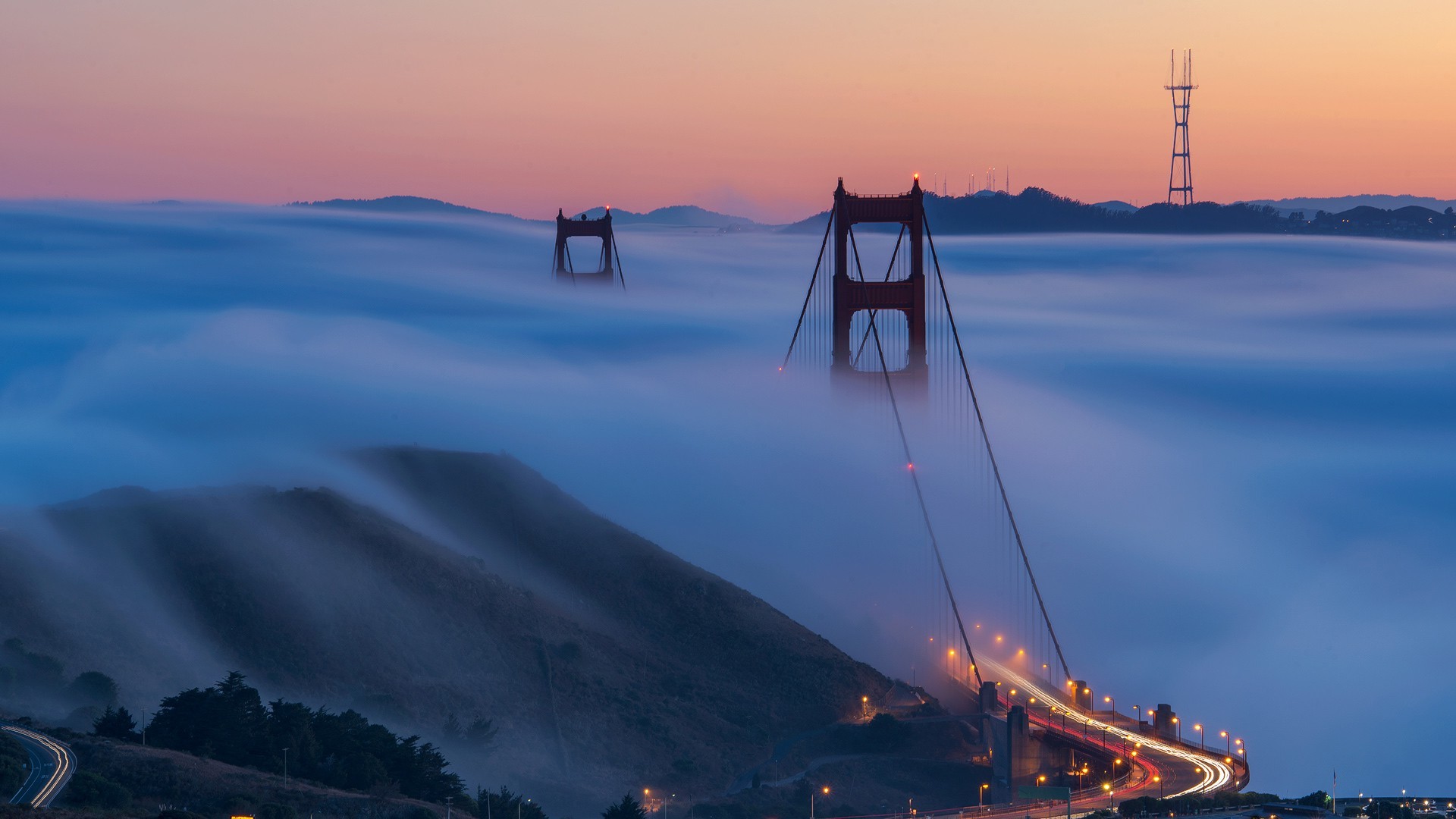 San Francisco, Golden Gate Bridge, Mist, Landscape, Long Exposure, Architecture, Road, Lights Wallpaper