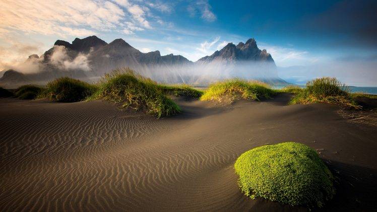 nature, Grass, Sand, Mountains, Landscape, Clouds HD Wallpaper Desktop Background