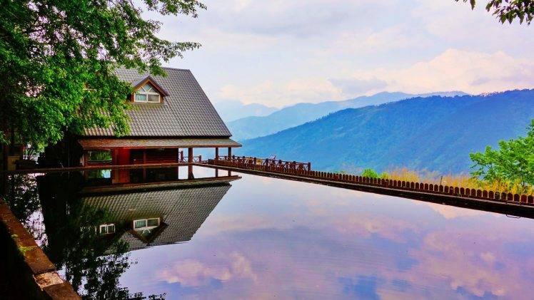 photography, Nature, Landscape, Water, Reflection, House, Fence, Mountains, Brume, Trees, Sky, Taiwan HD Wallpaper Desktop Background