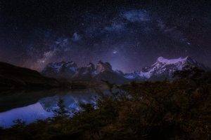 photography, Nature, Landscape, Mountains, Lake, Trees, Shrubs, Snowy Peak, Starry Night, Milky Way, Galaxy, Long Exposure, Torres Del Paine National Park, Patagonia, Chile, Space Art, Reflection, Water, Snow