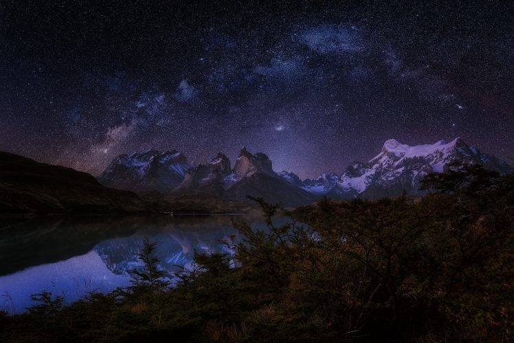 photography, Nature, Landscape, Mountains, Lake, Trees, Shrubs, Snowy Peak, Starry Night, Milky Way, Galaxy, Long Exposure, Torres Del Paine National Park, Patagonia, Chile, Space Art, Reflection, Water, Snow HD Wallpaper Desktop Background