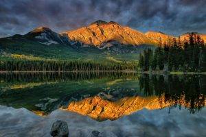 photography, Nature, Landscape, Lake, Mountains, Forest, Reflection, Clouds, Morning, Sunlight, Calm, Alberta, Canada