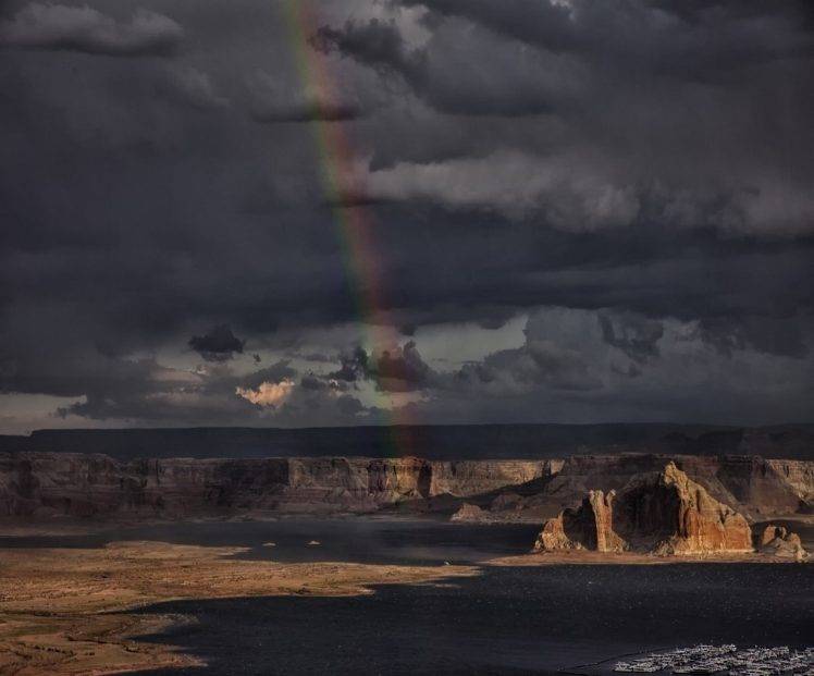 photography, Nature, Landscape, Desert, Erosion, Canyon, Rainbows, Clouds, Lake, Boat, Arizona HD Wallpaper Desktop Background