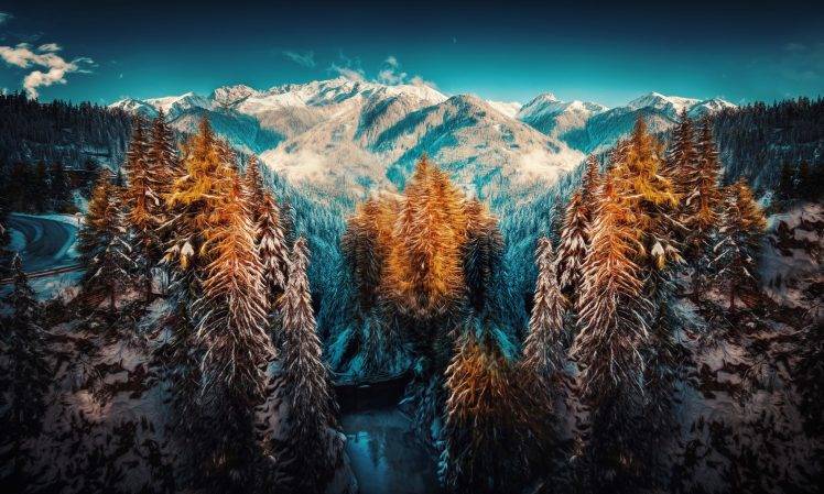 photography, Landscape, Nature, Mountains, Forest, Snow, Road, River, Bridge, Sunset HD Wallpaper Desktop Background
