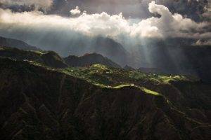 nature, Landscape, Mountains, Trees, Clouds, Sun Rays, Cliff, Field
