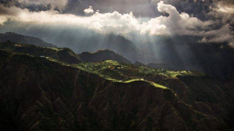nature, Landscape, Mountains, Trees, Clouds, Sun Rays, Cliff, Field HD Wallpaper Desktop Background