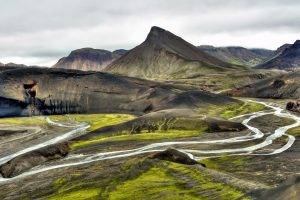 nature, Landscape, Mountains, Iceland, River, Stream, Clouds, Moss, Rock