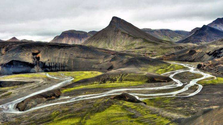 nature, Landscape, Mountains, Iceland, River, Stream, Clouds, Moss, Rock HD Wallpaper Desktop Background