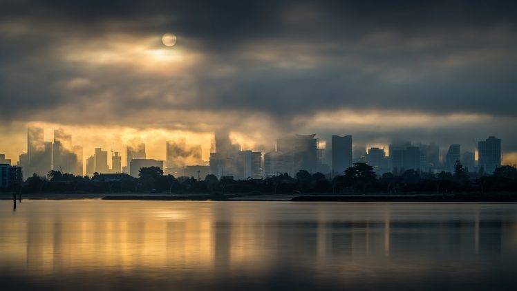 photography, Landscape, Cityscape, Lake, Clouds, Sun, Trees, Building, Skyscraper, Melbourne HD Wallpaper Desktop Background