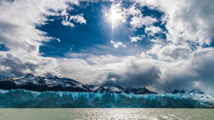 nature, Landscape, Water, Sea, Sun, Clouds, Mountains, Ice, Iceberg, Sky, Snowy Peak, Glaciers HD Wallpaper Desktop Background