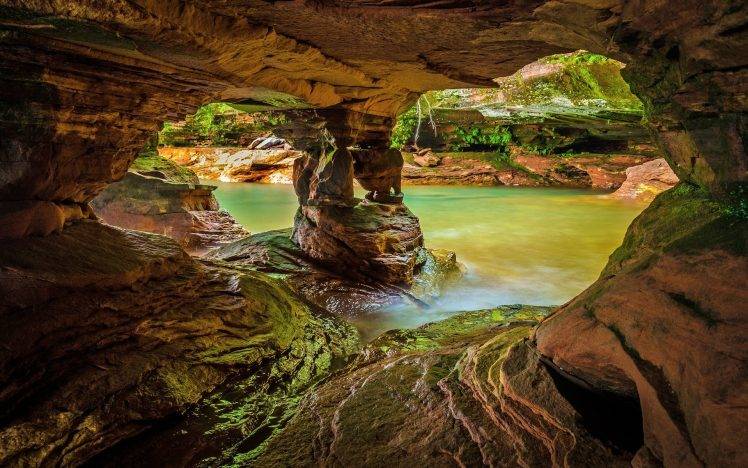 nature, Landscape, Water, Rock, Cave, Lake, Moss, Wet, Long Exposure HD Wallpaper Desktop Background