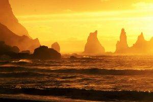 landscape, Mountains, Sea, Waves, Sunset, Sunlight, Nature, Rocks, Sun, Iceland
