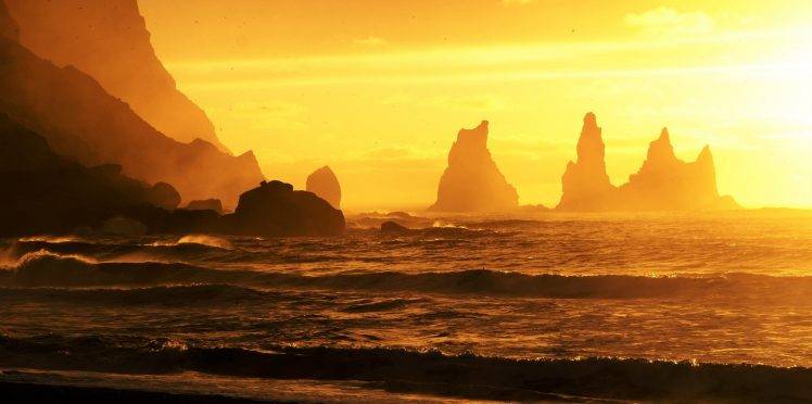 landscape, Mountains, Sea, Waves, Sunset, Sunlight, Nature, Rocks, Sun, Iceland HD Wallpaper Desktop Background
