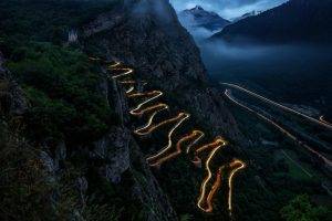 landscape, Lights, Car, Long Exposure, Mountains, Clouds, Mist, Rocks, Valley, Road, Trees, Evening, Hairpin Turns, France