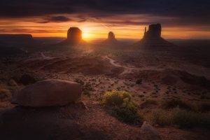 landscape, Grand Canyon, Desert, Rocks, Plants, Mountains, Off road, Sand, Sunset, Clouds, Evening, Monument Valley