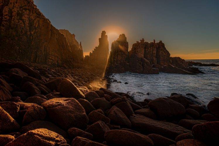 landscape, Rocks, Sunset, Sunlight, Sea, Mountains, Sun, Evening HD Wallpaper Desktop Background