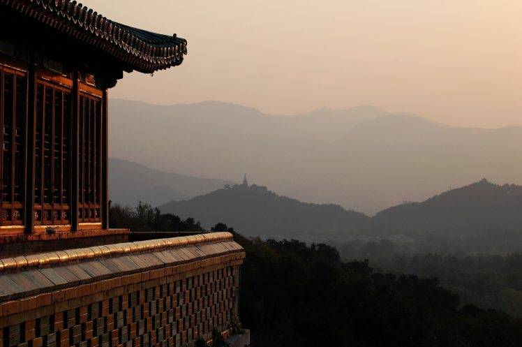 landscape, Ancient, Sunset, Evening, Asian Architecture, Hills, Mist HD Wallpaper Desktop Background