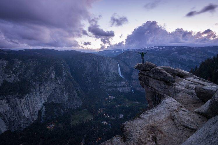 men, Landscape, Clouds, Purple, Rocks, Alone, Trees, Watering, Water, Yosemite Falls HD Wallpaper Desktop Background
