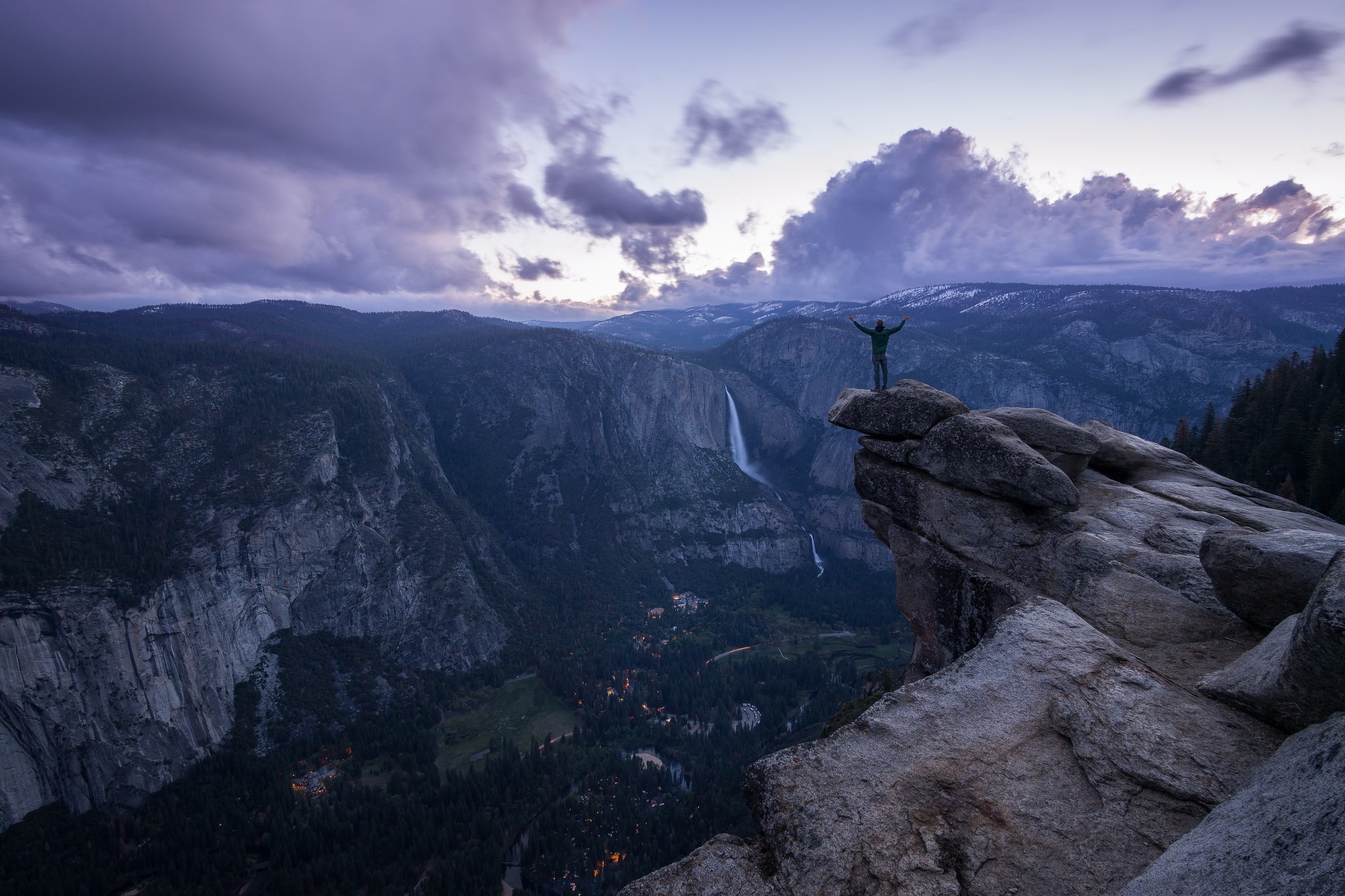 men, Landscape, Clouds, Purple, Rocks, Alone, Trees, Watering, Water, Yosemite Falls Wallpaper