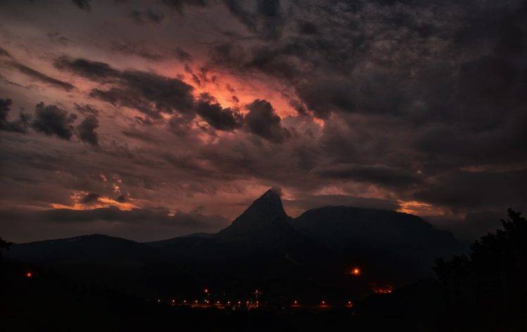 landscape, Night, Clouds, Lights, Mountains, Trees, Sky HD Wallpaper Desktop Background