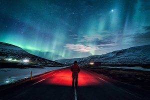 landscape, Photography, Nature, Starry Night, Mountains, Snow, Road, Storm, Lights, Winter, Sky