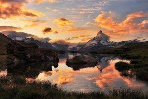 landscape, Photography, Nature, Lake, Sunset, Mountains, Sky, Clouds, Snowy Peak, Rocks, Grass, Reflection, Swiss Alps