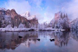 photography, Nature, Landscape, Winter, Valley, Forest, River, Mountains, Snow, Yosemite National Park, California