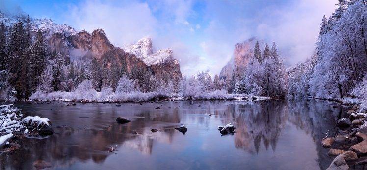 photography, Nature, Landscape, Winter, Valley, Forest, River, Mountains, Snow, Yosemite National Park, California HD Wallpaper Desktop Background