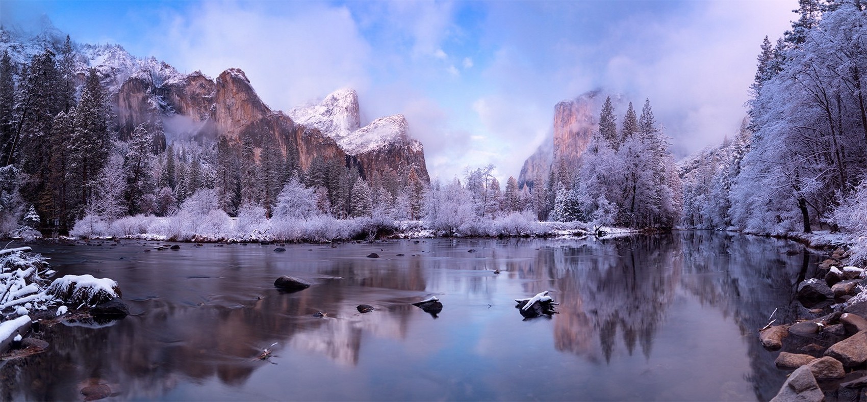 photography, Nature, Landscape, Winter, Valley, Forest, River, Mountains, Snow, Yosemite National Park, California Wallpaper